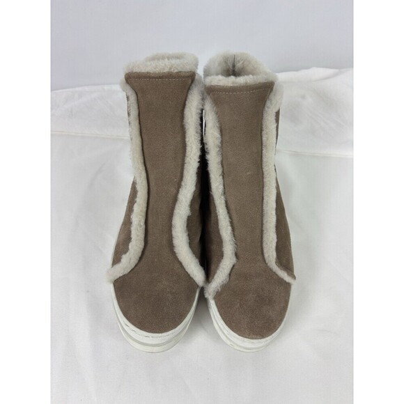 Joyks Suede Booties Sneakers Tan Taupe Faux Fur Accent Lining 39 Zip Ankle - Picture 2 of 9